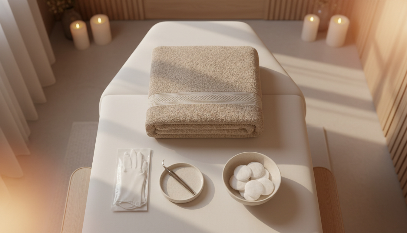 Von oben fotografierte Behandlungsliege mit ordentlich arrangierten Utensilien für eine Carboxytherapie im Kosmetikstudio.