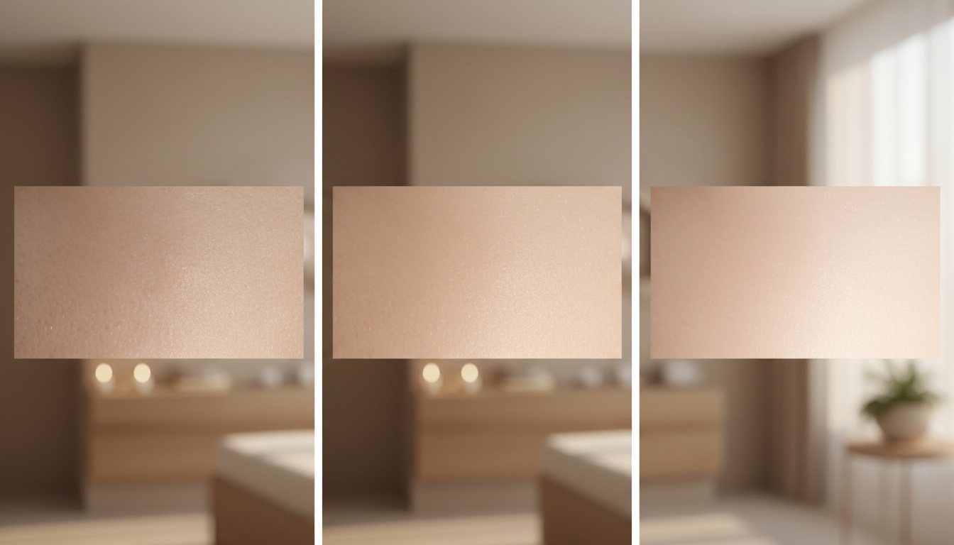 Drei nebeneinander angeordnete Hautoberflächen veranschaulichen eine mögliche Entwicklung von matter zu glatter und strahlenderer Haut nach Carboxytherapie.