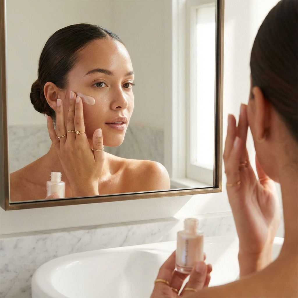 Person tupft flüssigen Highlighter auf den oberen Wangenknochen vor dem Spiegel.