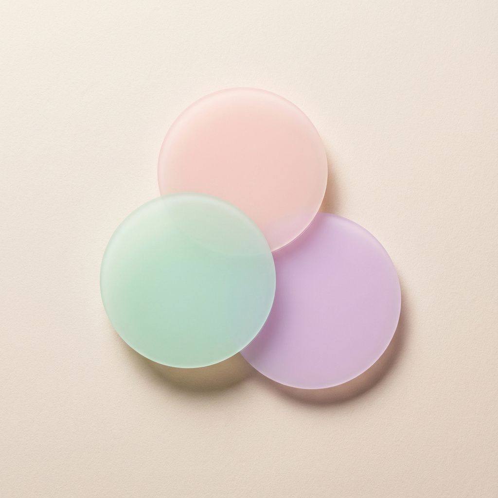 Abstrakte Grafik mit drei überlappenden, sanft leuchtenden Pastellkreisen.