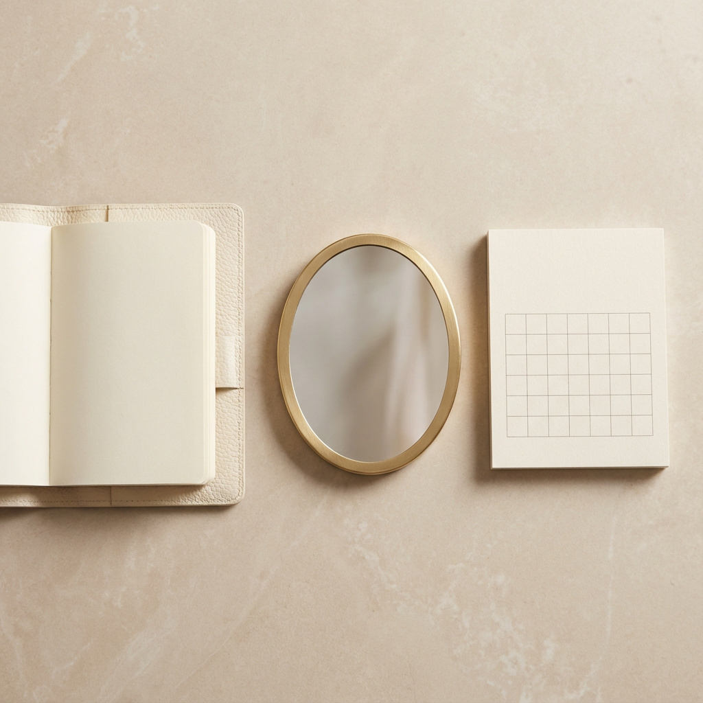 Minimalistische Gegenstände als Symbol für Entscheidung: Notizbuch, Handspiegel und leeres Kalenderblatt.