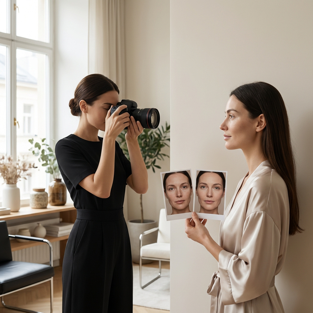 Kosmetikerin hält zwei neutrale Fotokarten als Vorher‑Nachher‑Vergleich ohne Text.
