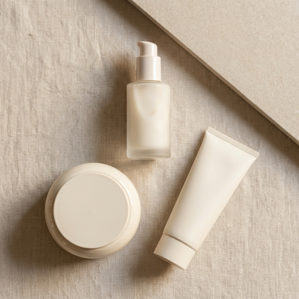 Drei unlabeled Pflegeprodukte als einfache Infografik ohne Text für Nachpflege nach Gesichtsbehandlungen.