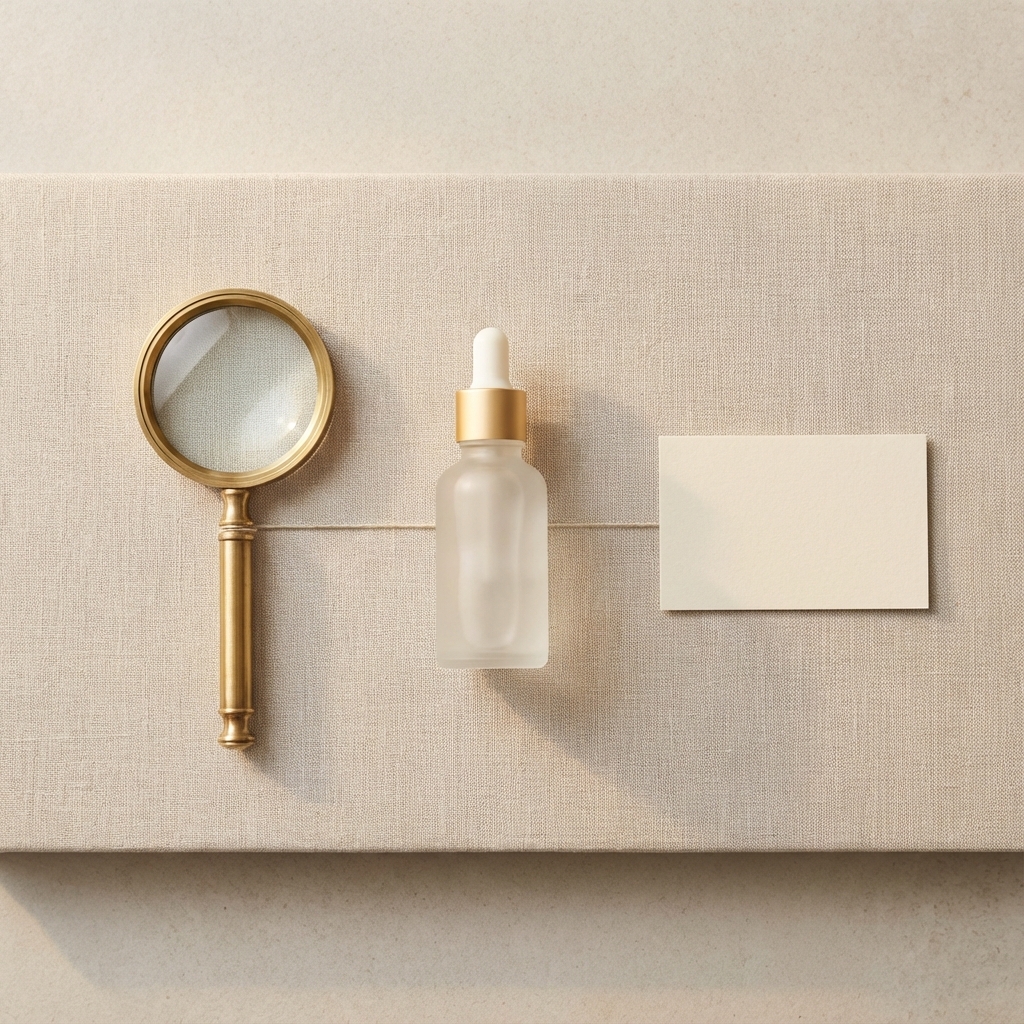 Stillleben als Infografik: Lupe, Serumfläschchen und Kalenderkarte in einer Reihe.