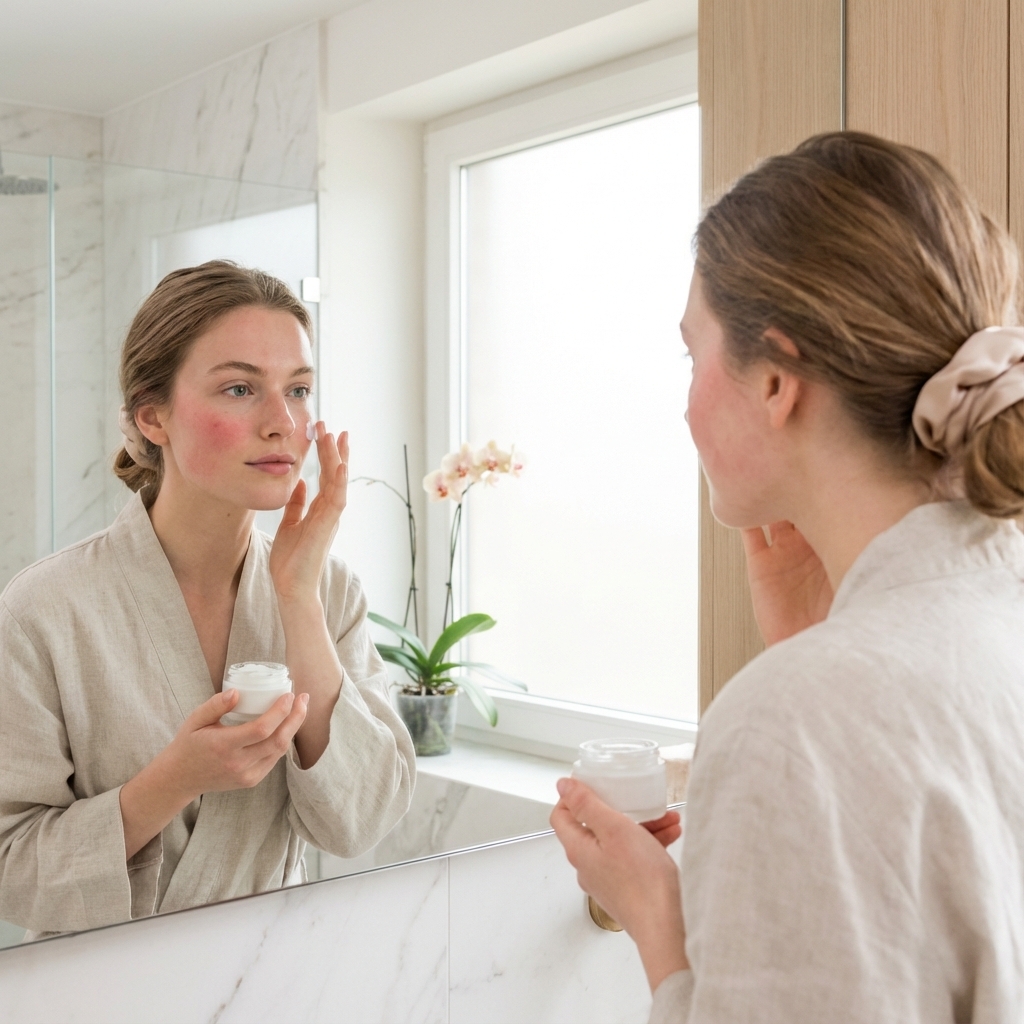 Frau trägt nach Microneedling sanft beruhigende Creme auf