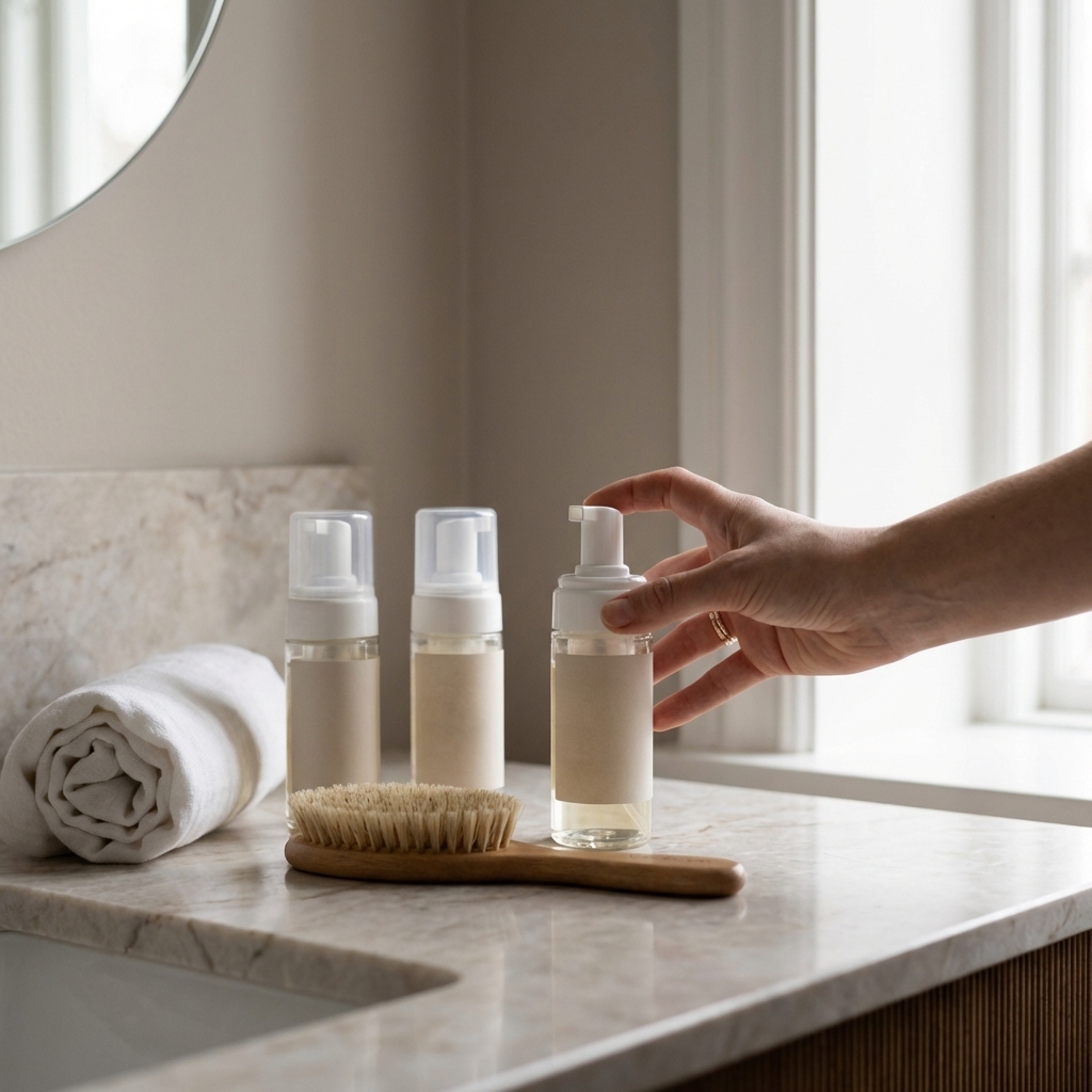 Schaumfestiger-Flaschen und Haarbürste auf einer Badezimmerablage als Symbolbild.