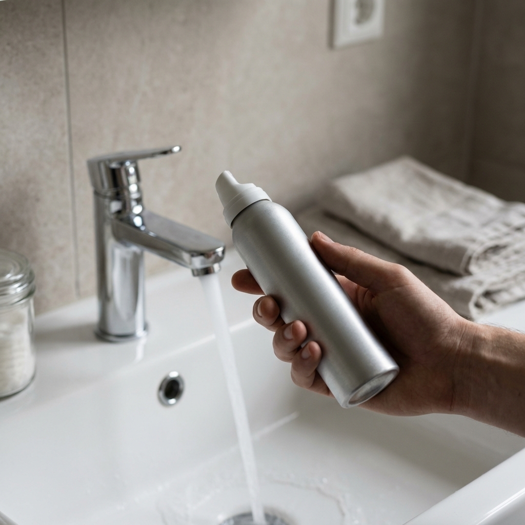 Hand hält einen Schaumfestiger neben einem Waschbecken mit laufendem Wasser als Symbolbild.