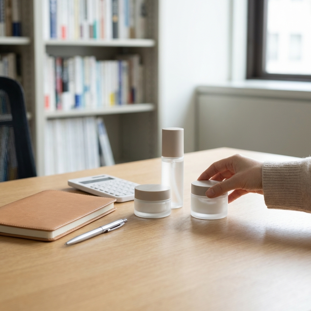 Schreibtischszene mit neutralen Kosmetikprodukten als Symbol für Markt- und Preis-Updates