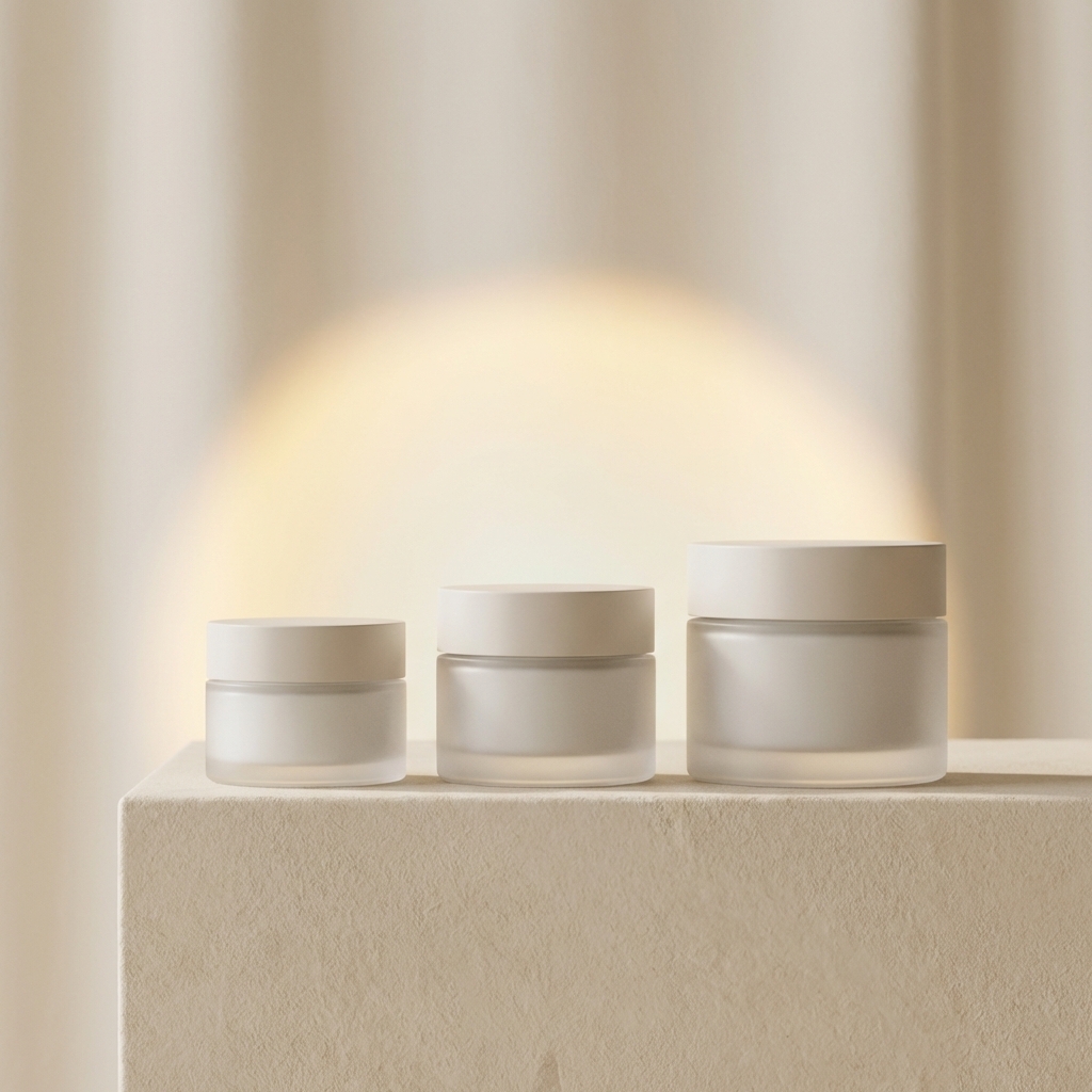 Textfreie Infografik mit drei neutralen Kosmetikbehältern als Metapher für Trend-Entwicklung
