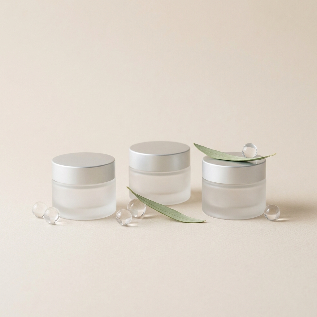 Schlichte Infografik ohne Text mit Kosmetikdosen, Plastikperlen und Blatt als Hinweis auf INCI-Check, Mikroplastik und Greenwashing