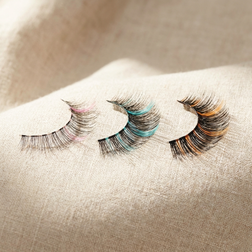 Drei Wimpernstreifen mit farbigen Akzenten von dezent bis auffällig auf neutralem Hintergrund