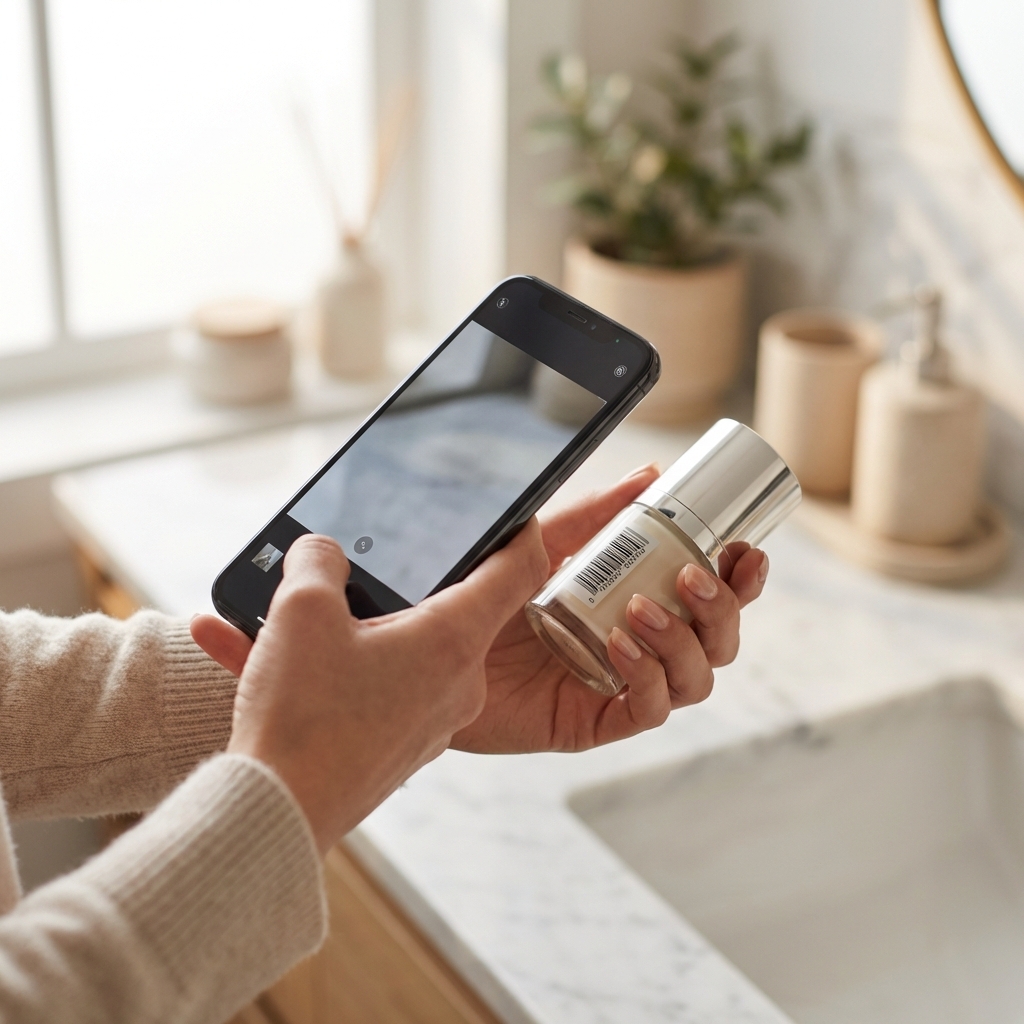 Eine Person scannt den Strichcode eines Kosmetikprodukts mit einem Smartphone.