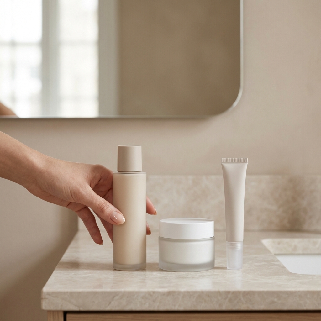 Minimalistische Basisroutine mit Reiniger, Creme und Sonnenschutz auf einem Badezimmerregal.