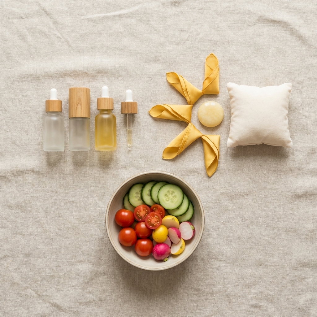 Symbolische Anordnung für Sonnenschutz, Schlaf und Ernährung als Faktoren der Hautgesundheit.