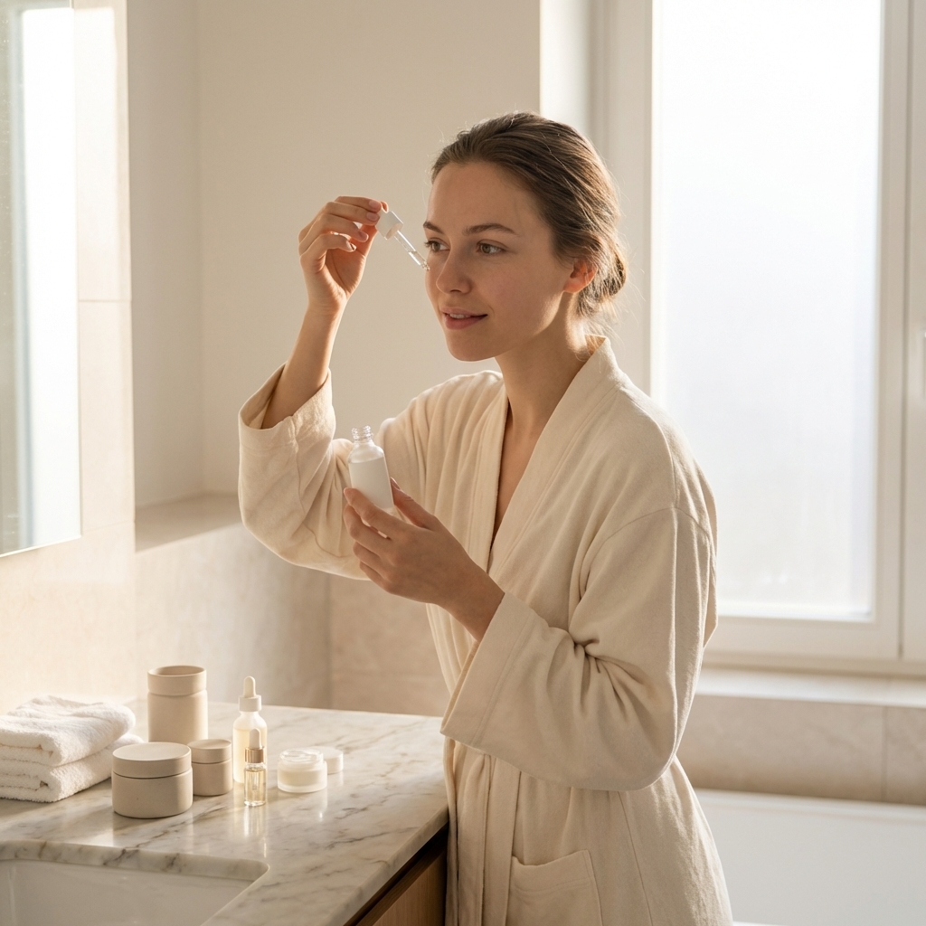 Junge Frau führt eine mehrstufige Hautpflegeroutine am Waschbecken durch