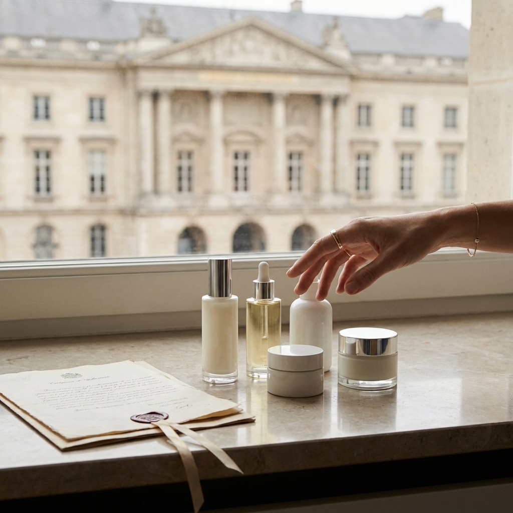 Kosmetikprodukte neben Dokumenten zu EU-Regeln