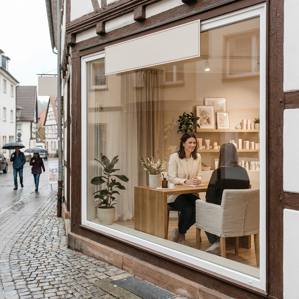 Außenansicht eines Kosmetikstudios in einer deutschen Kleinstadt