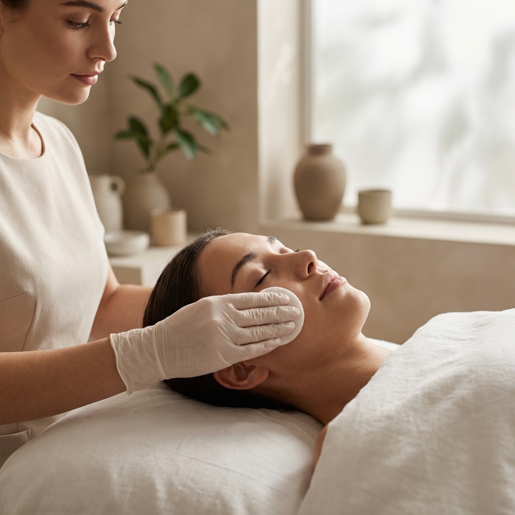 Kosmetikerin reinigt im Studio das Gesicht als Vorbereitung zur professionellen Ausreinigung bei Mitessern.