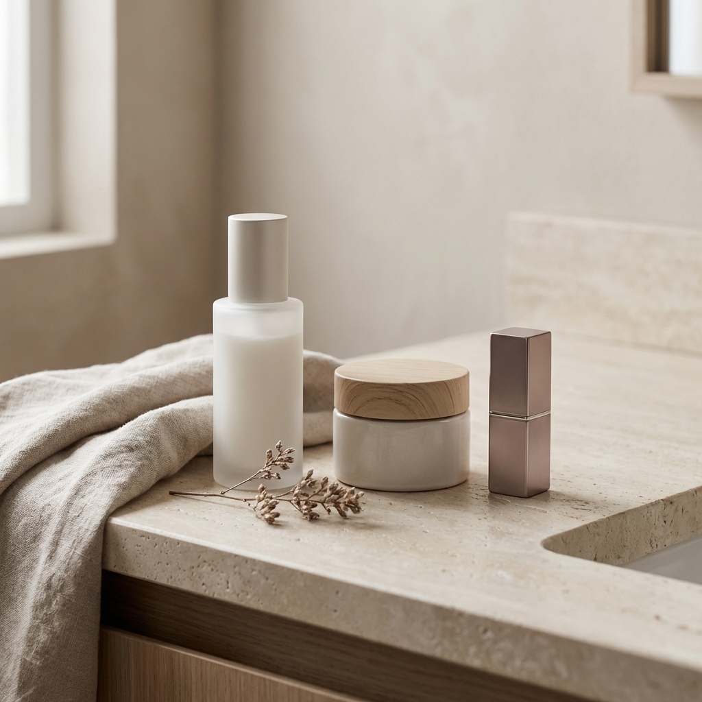 Stillleben mit Creme, Lotion und Lippenstift auf einem Badezimmerregal