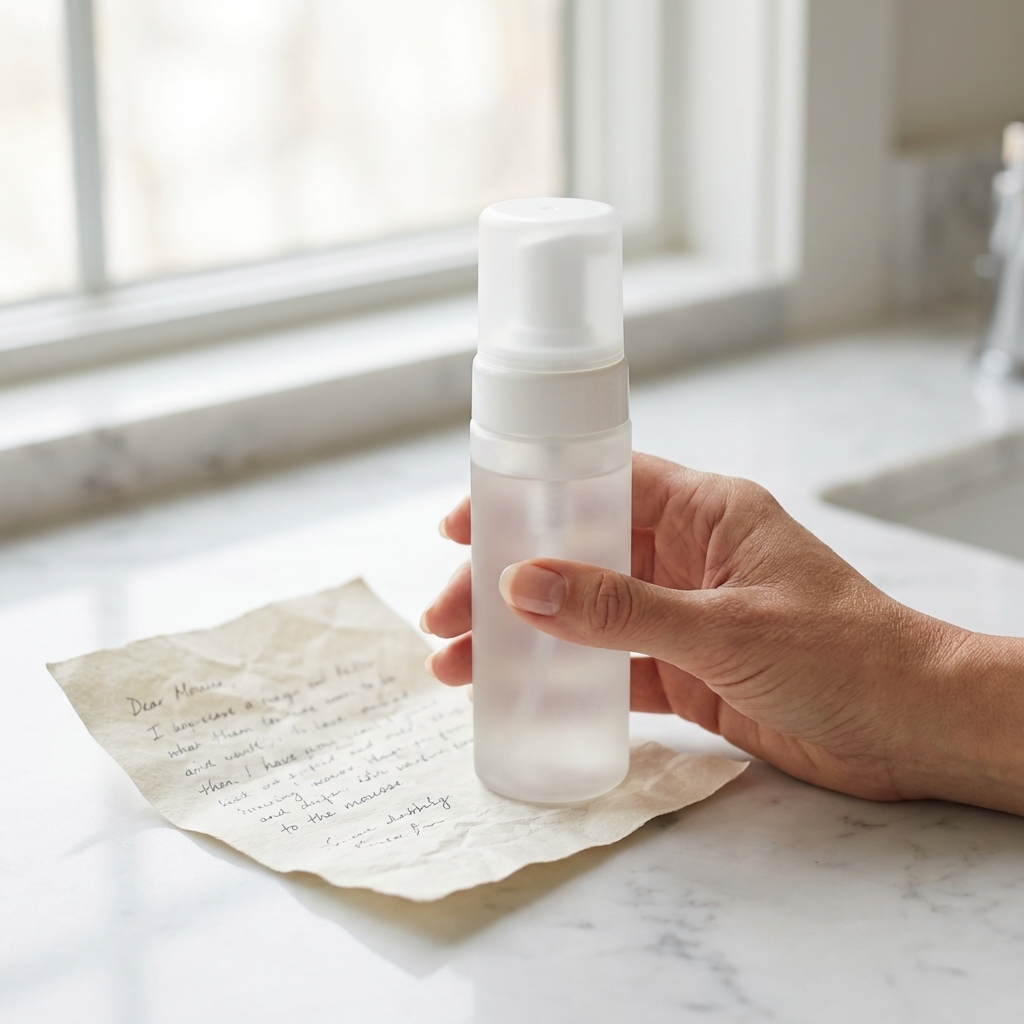 Hand hält Schaumfestiger-Flasche neben einer Zutatenliste als Symbol für einen Inhaltsstoff-Check