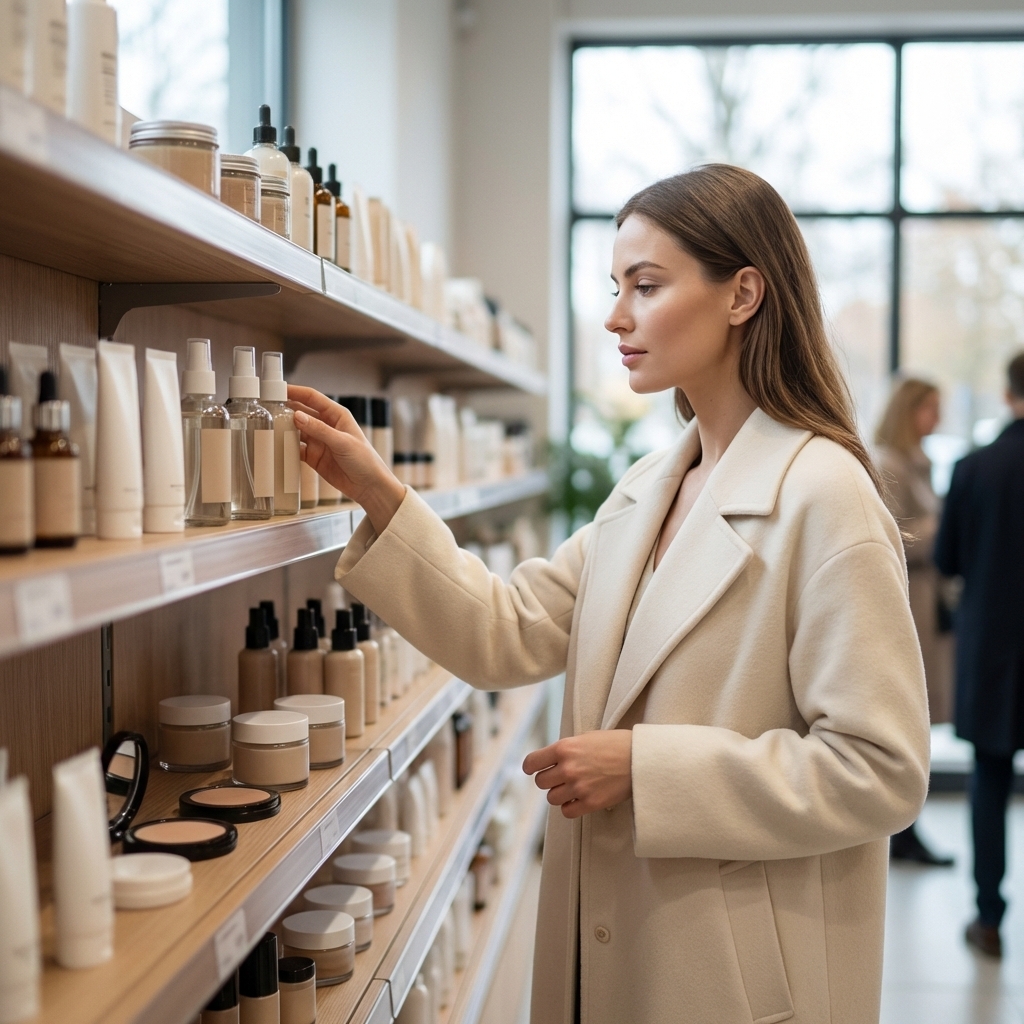 Kosmetikregal in einem Discounter mit verschiedenen Pflege- und Make-up-Produkten ohne Markenlogos