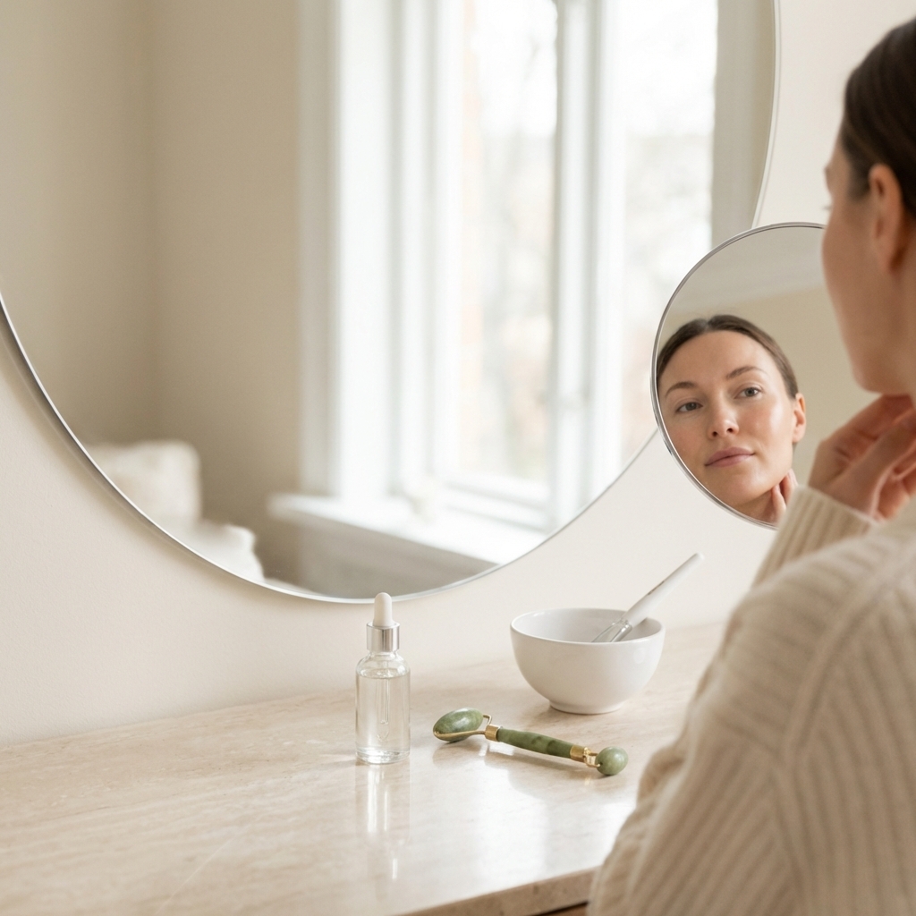 Person betrachtet ihr Gesicht im Spiegel, um den Zeitpunkt von Vorher-Nachher-Fotos besser einzuordnen