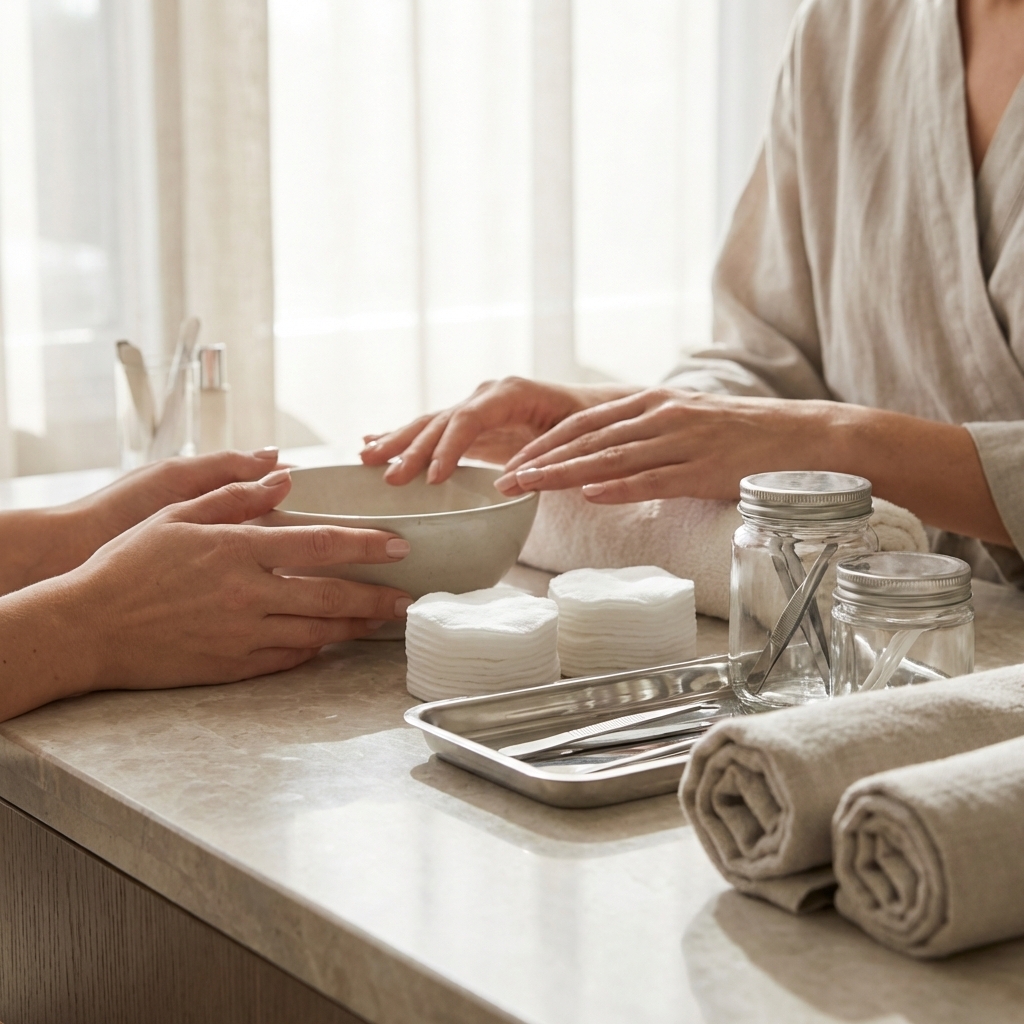 Sauberer Arbeitsplatz im Kosmetikstudio in Fellbach als Symbol für Hygiene, Ablauf und sichere Behandlung.