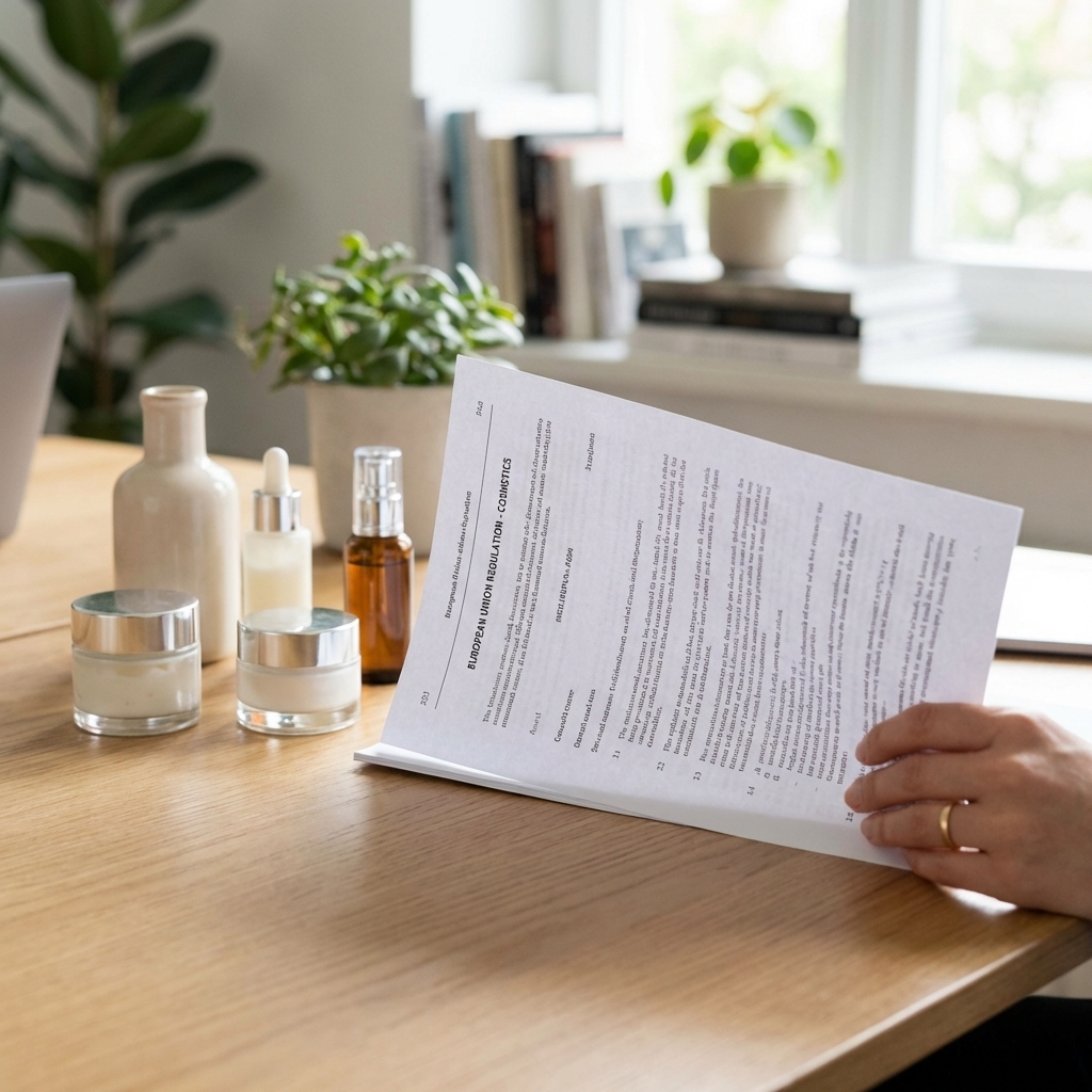 EU-Regelwerksdokumente neben neutralen Kosmetikverpackungen auf einem Schreibtisch