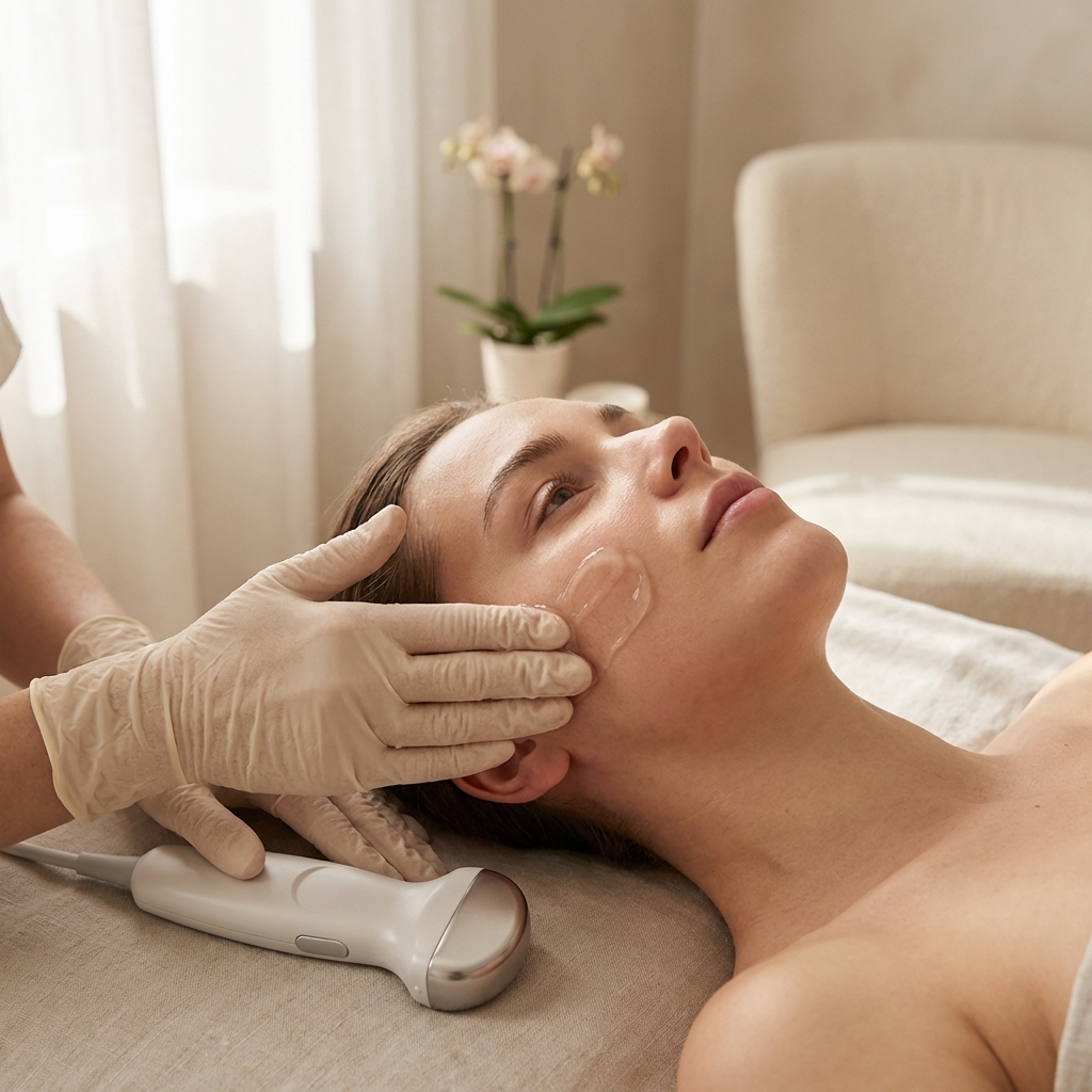 Gelauftrag und Ultraschall-Handstück bei einer Ultherapy/HIFU-Gesichtsbehandlung