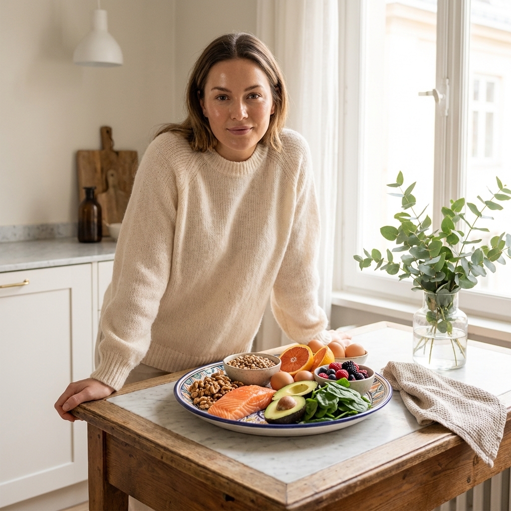 Lebensmittelauswahl mit Fisch, Nüssen, Beeren, Spinat und Avocado als Symbol für hautfreundliche Nährstoffe.