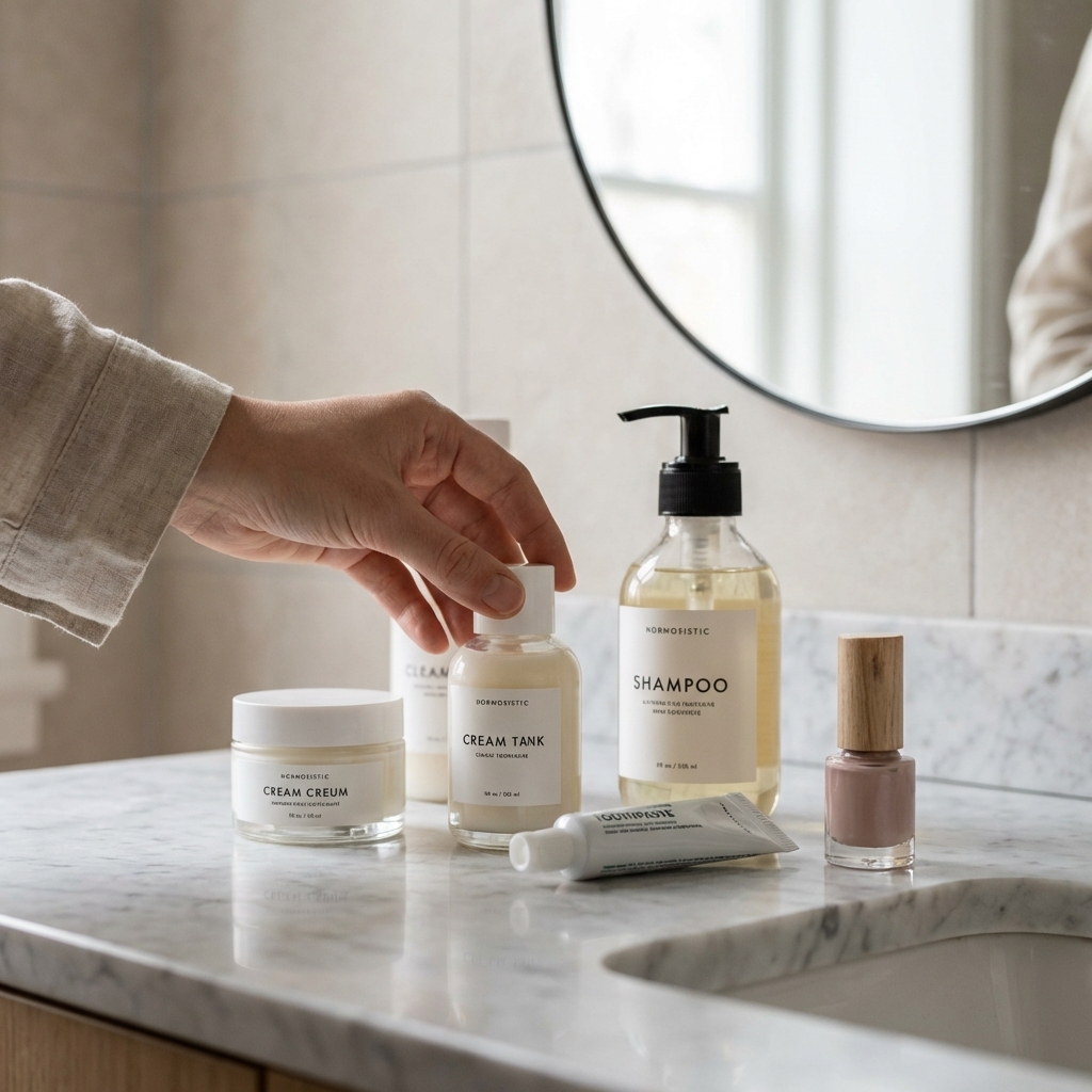 Kosmetikprodukte auf einem Badezimmer-Waschbecken als Symbol für Inhaltsstoff-Checks