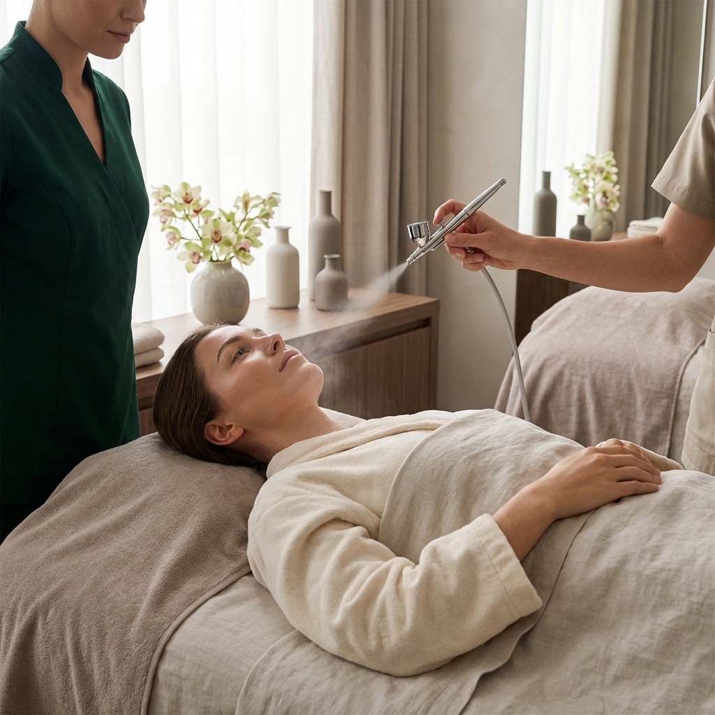 Textfreie Infografik mit Wattepad, Sauerstoff-Airbrush-Düse und gekühltem Gesichtsmassageroller als Symbol für unterschiedliche Behandlungsintensitäten.