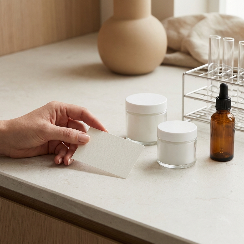 Minimalistische Hautpflegeprodukte und Laborvials als Symbol für neue Wirkstoffe, KI-Personalisierung und Barriere-Fokus 2026.