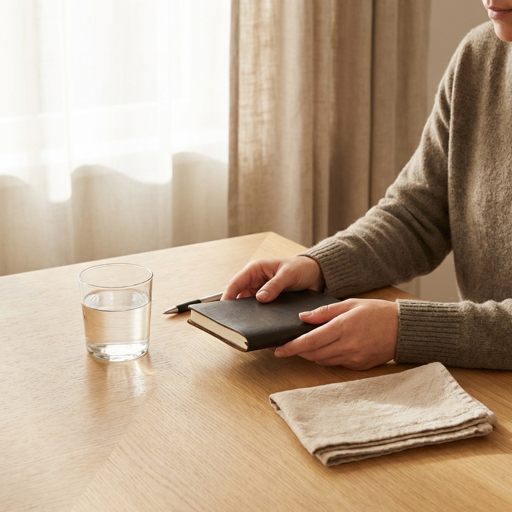 Ruhige Tischszene mit Wasser, Notizbuch und Handtuch als Symbol für sanfte Regeneration ohne Überreizung.