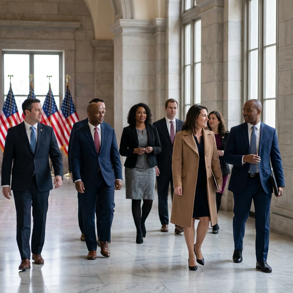 Flur in einem US-Regierungsgebäude mit Personen im Anzug als Symbol für Bundeskoordination