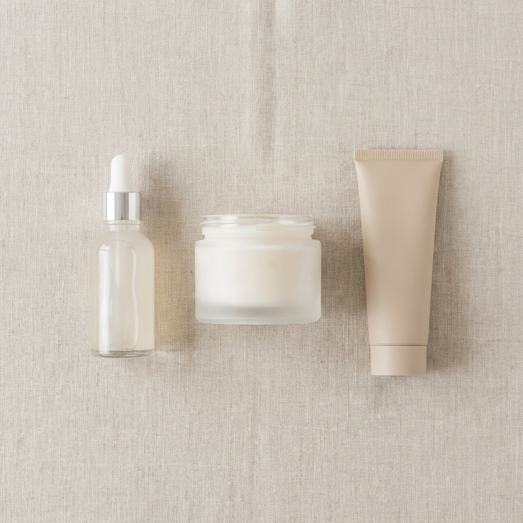 Textfreie Infografik mit drei Hautpflege-Produkten als Reihenfolge für eine barrierefreundliche Routine zur Texturverbesserung