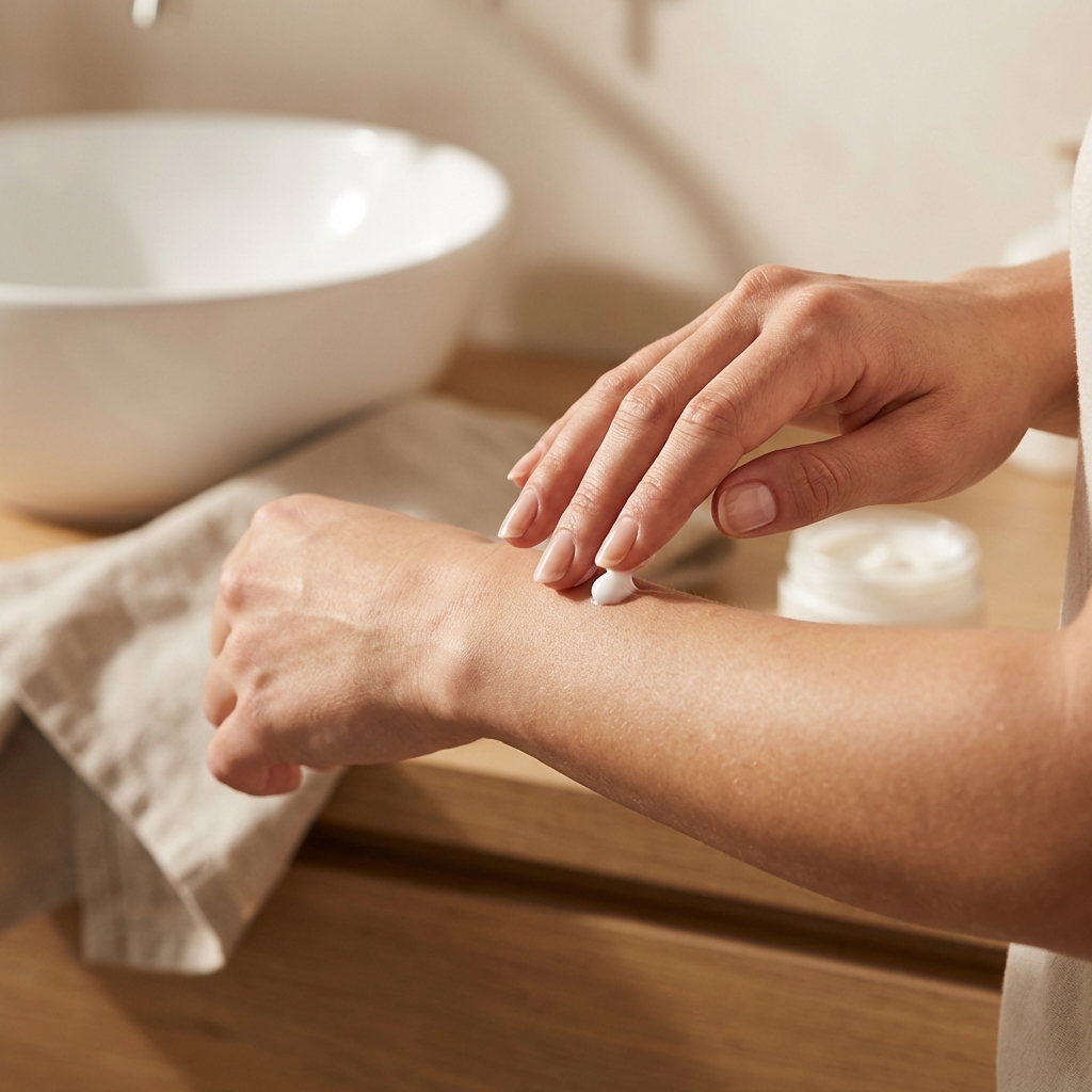 Nahaufnahme eines Patch-Tests am Unterarm zur Prüfung der Peeling-Verträglichkeit