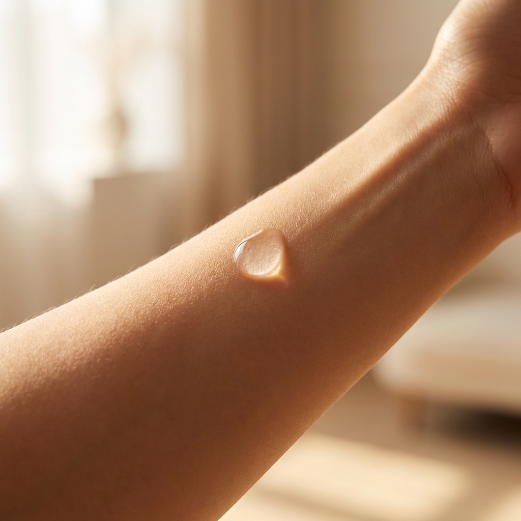 Nahaufnahme eines Serumtropfens auf glatter Haut im warmen Licht als Symbol für den Beginn der Kollagenregeneration