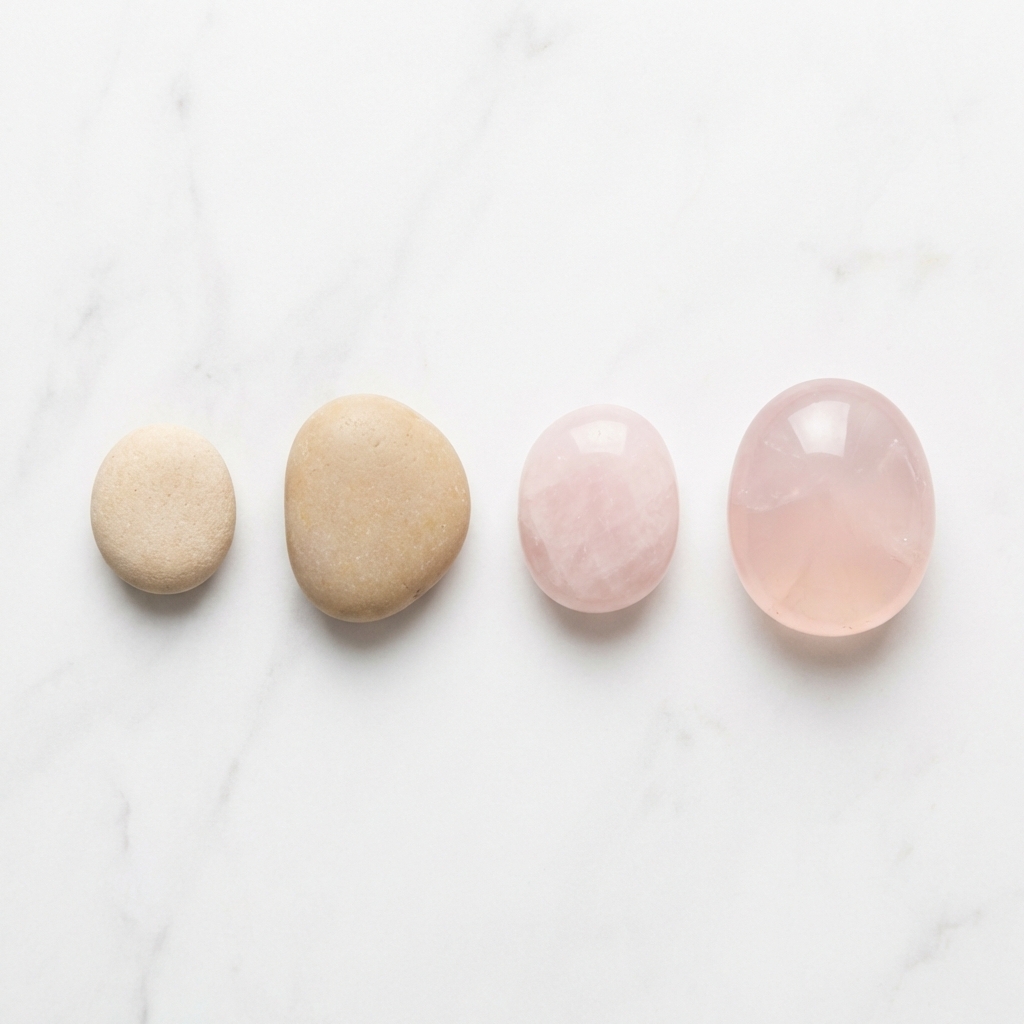 Vier Steine in aufsteigender Größe und Glätte symbolisieren die Phasen der Kollagenregeneration im Zeitverlauf