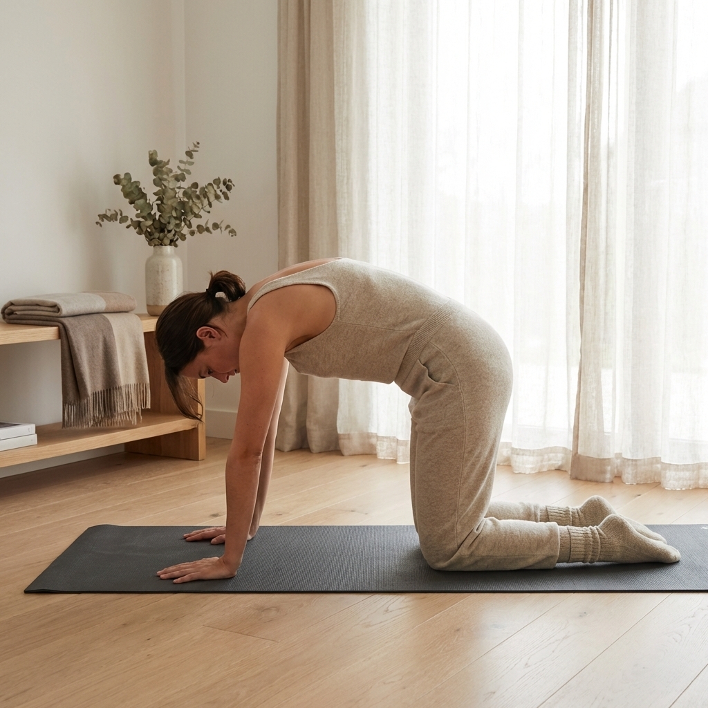 Person führt die Katzenbuckel-Übung auf einer Yogamatte in einem hellen Wohnzimmer aus