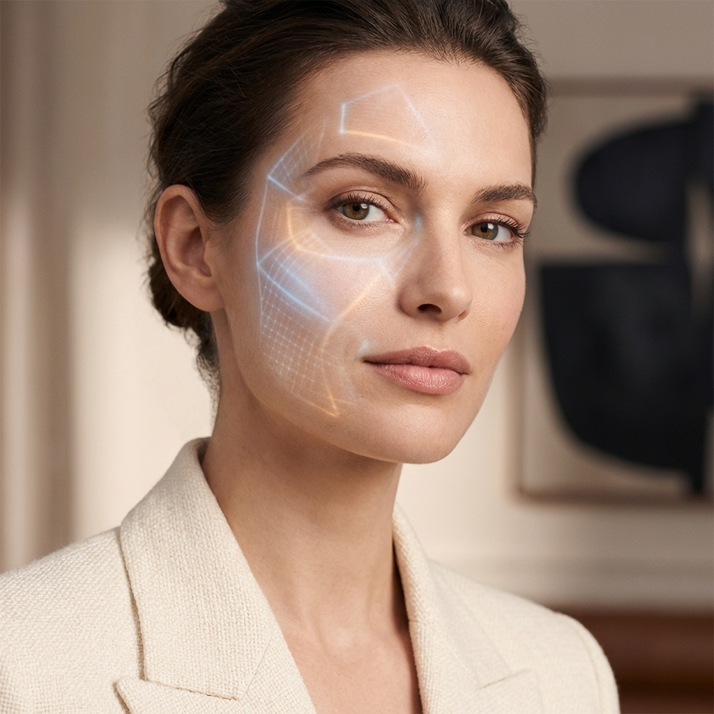 Gesicht einer Frau mit angedeuteter digitaler Hautanalyse durch Lichtmuster