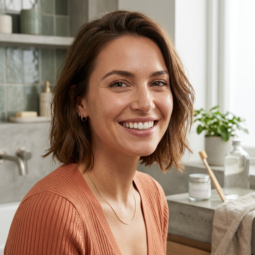 Frau laechelt selbstbewusst und zeigt gesunde weisse Zaehne in modernem Badezimmer