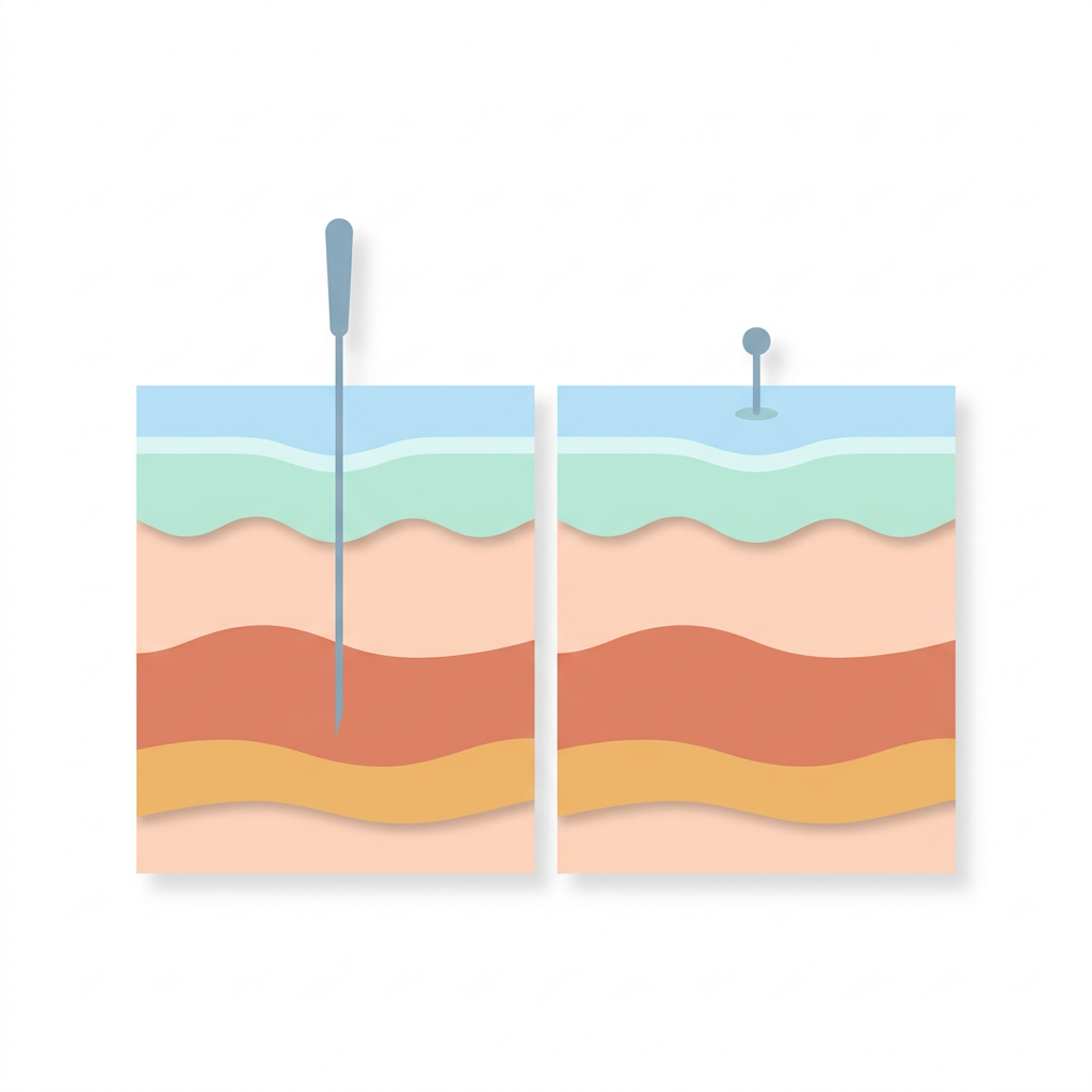 Infografik der unterschiedlichen Eindringtiefen von Microneedling und Nanoneedling in die Hautschichten