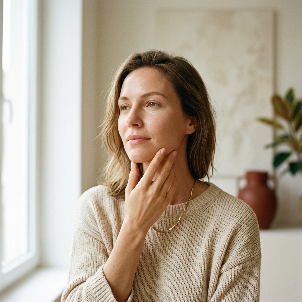 Frau berührt sanft ihre Wange bei der Überlegung zur passenden Needling-Behandlung