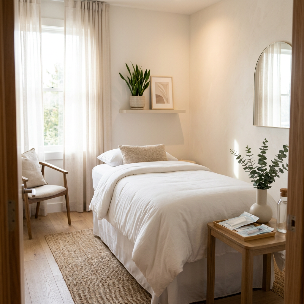 Heller, aufgeräumter Behandlungsraum in einem Kosmetikstudio mit frischen Tüchern und versiegelten Instrumenten