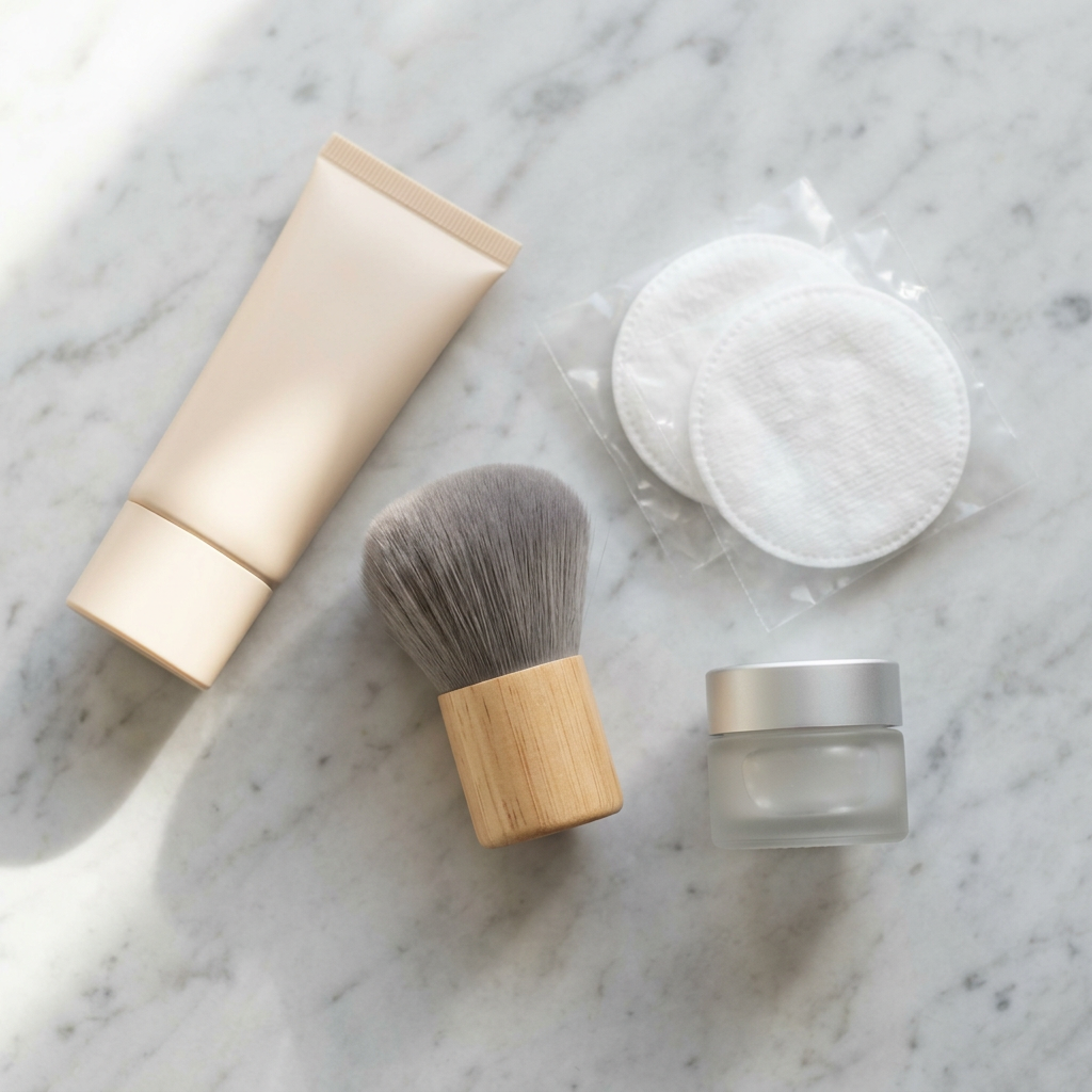 Sanfte Pflegeprodukte und Mineral-Make-up auf einer sauberen Oberfläche für die Nachsorge nach kosmetischen Behandlungen