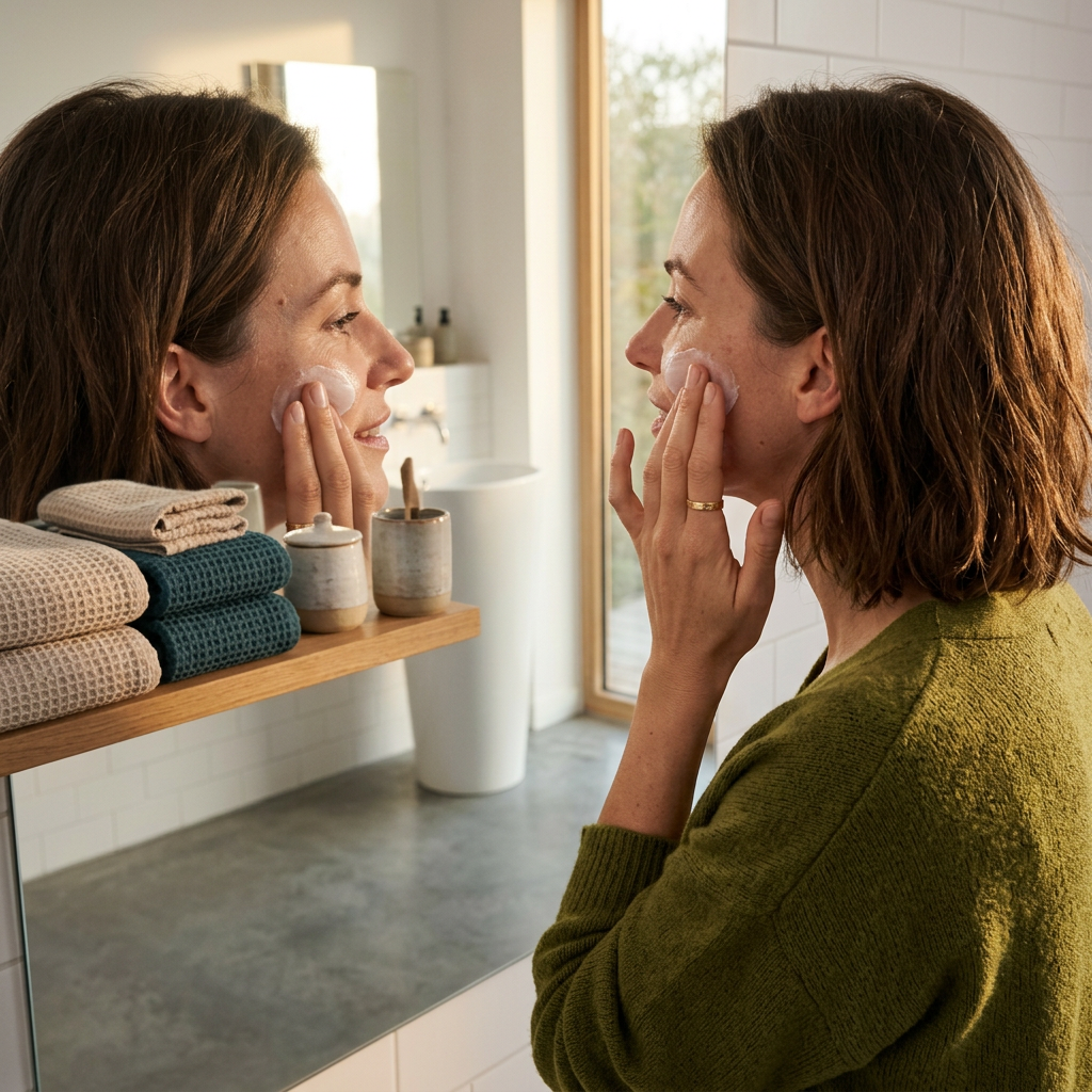 Frau pflegt ihre Haut abends zu Hause als Teil ihrer Heimroutine zwischen Behandlungsterminen