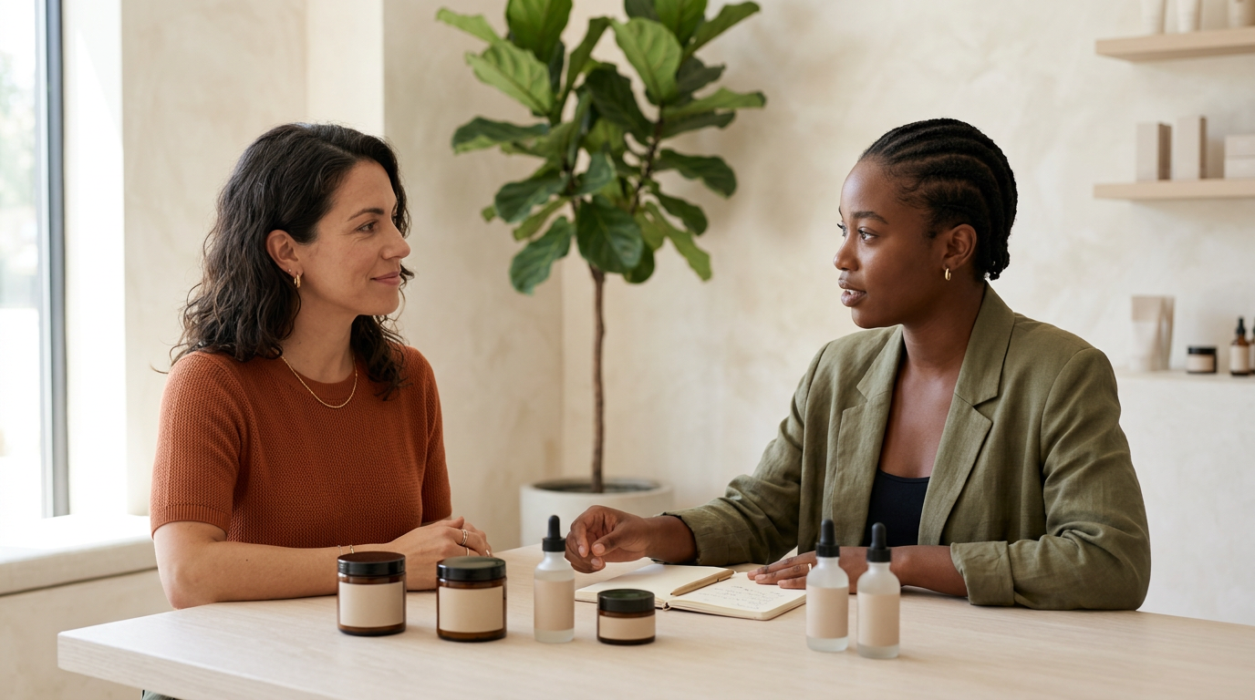 Beratung im Kosmetikstudio: Kundin und Behandlerin besprechen Kriterien für den Wert einer Gesichtsbehandlung