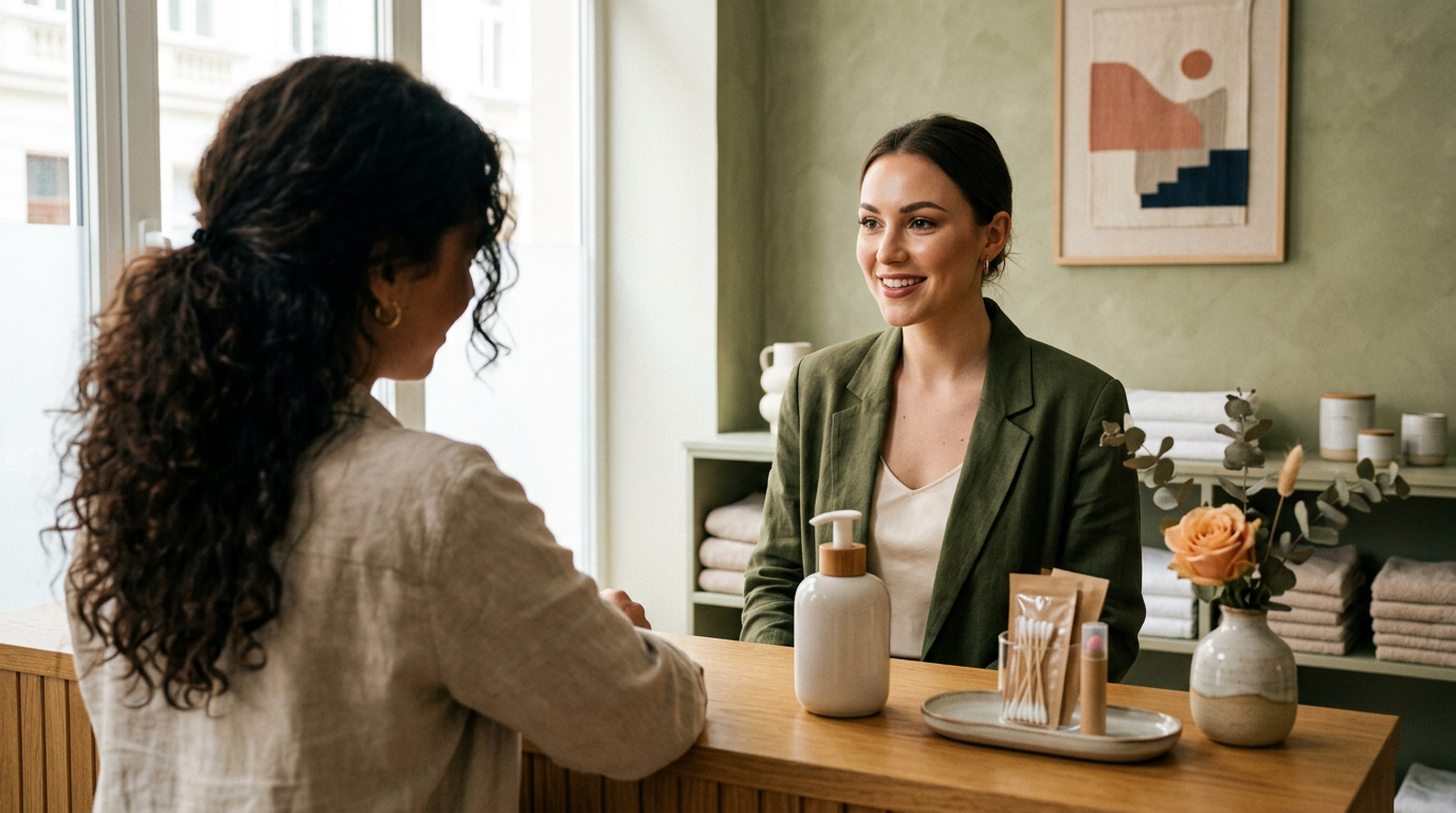 Sauberer Empfangsbereich in einem lokalen Beauty-Studio mit Desinfektionsspender und verpackten Einwegmaterialien