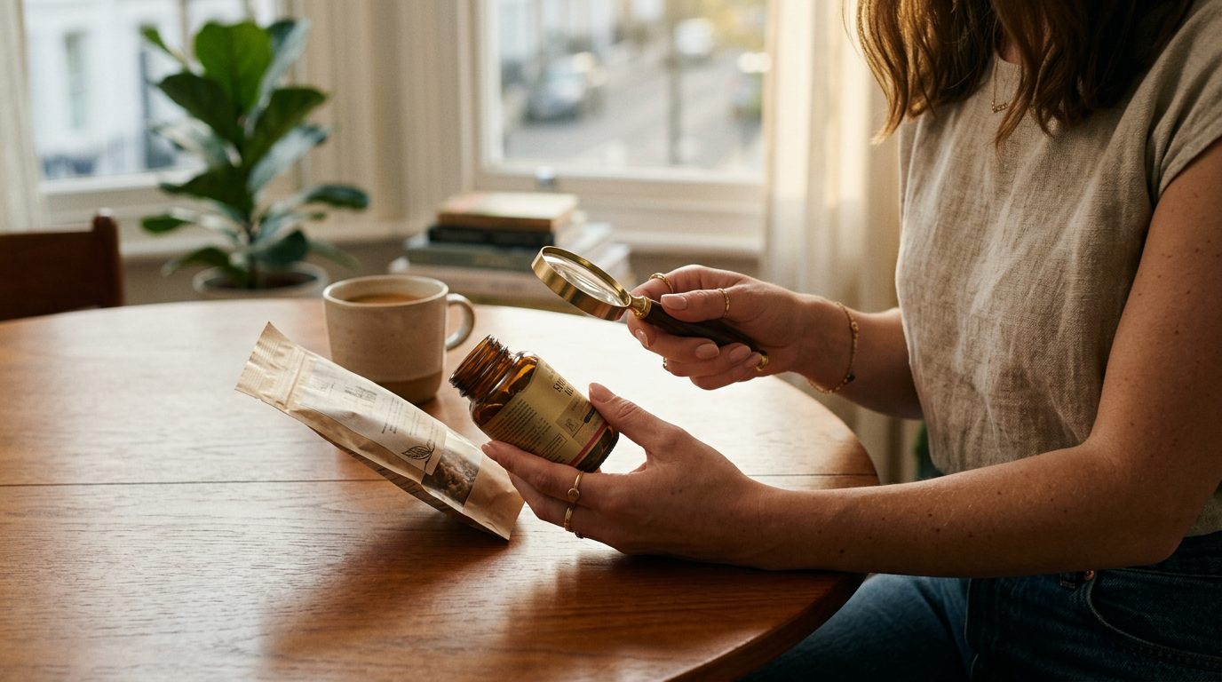 Hände vergleichen zwei Produktetiketten mit einer Lupe, um Werbeaussagen und Health Claims zu unterscheiden.